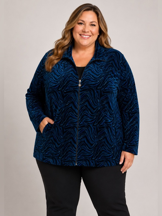 Catherines Jackets & Blazers - Catherines Blue & Black Velour Zebra-Print Active Zip-Up Jacket – Size 5X – NWT